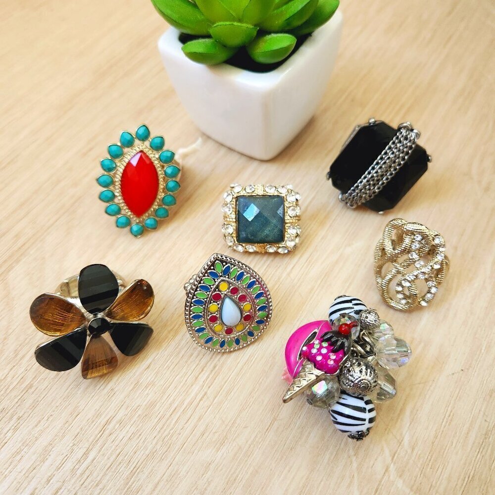 Statement Rhinestone Sparkly Bling Charms Stretch Rings Jewelry Lot of 7